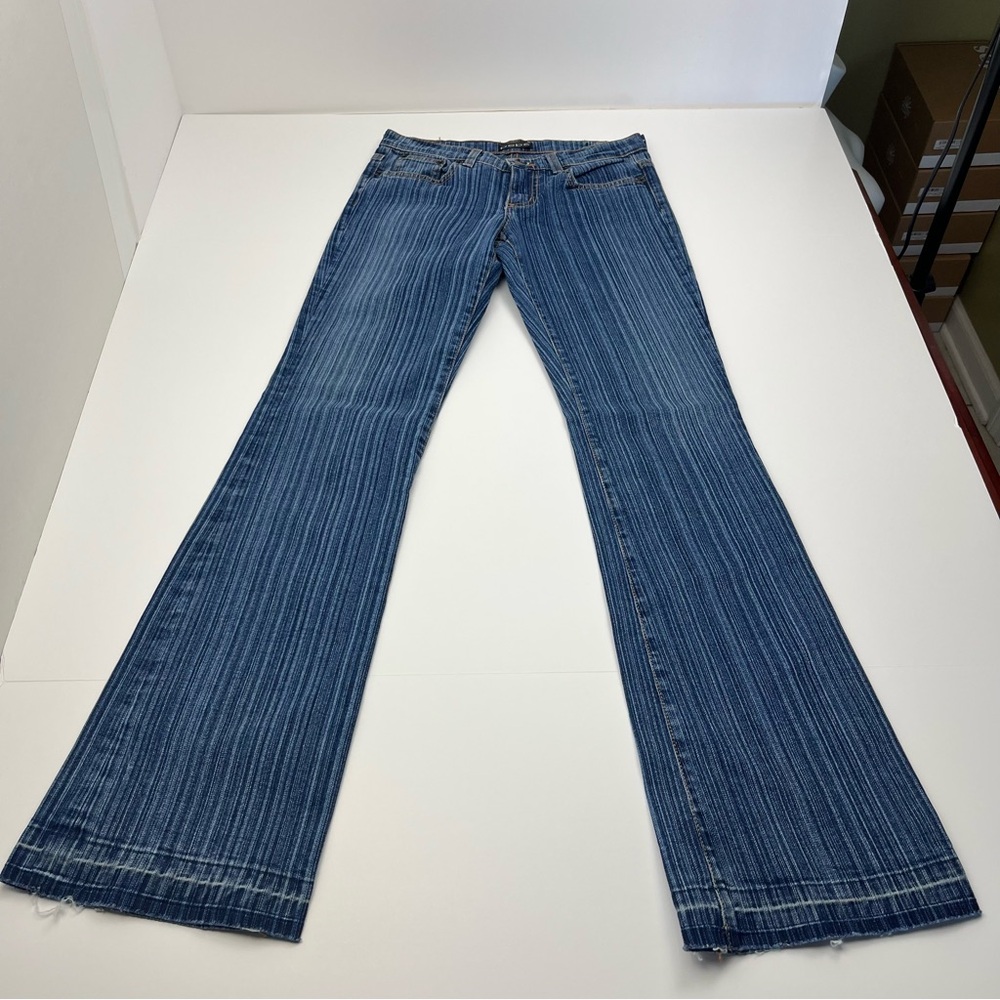 bebe Blue Pinstripe Flare Jeans